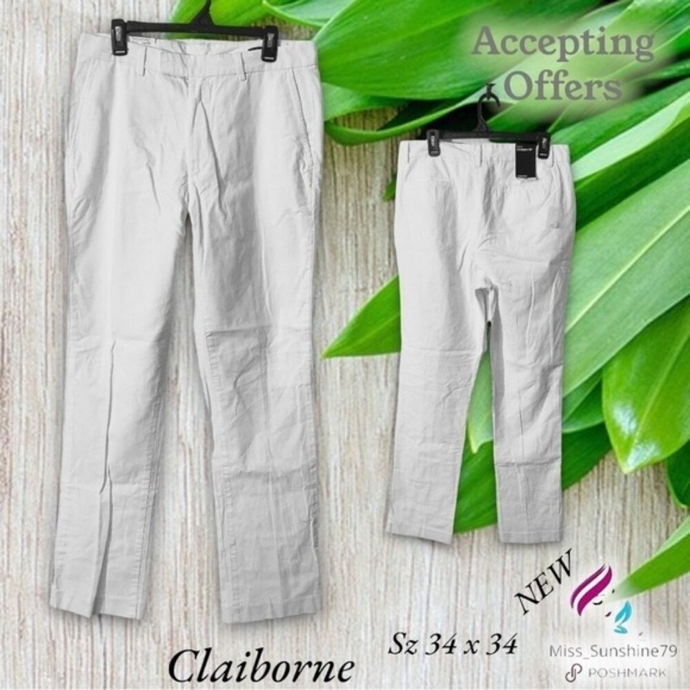 Claiborne NEW - Sz 34 x 34 - pure white 55% linen 45% cotton - straight fit